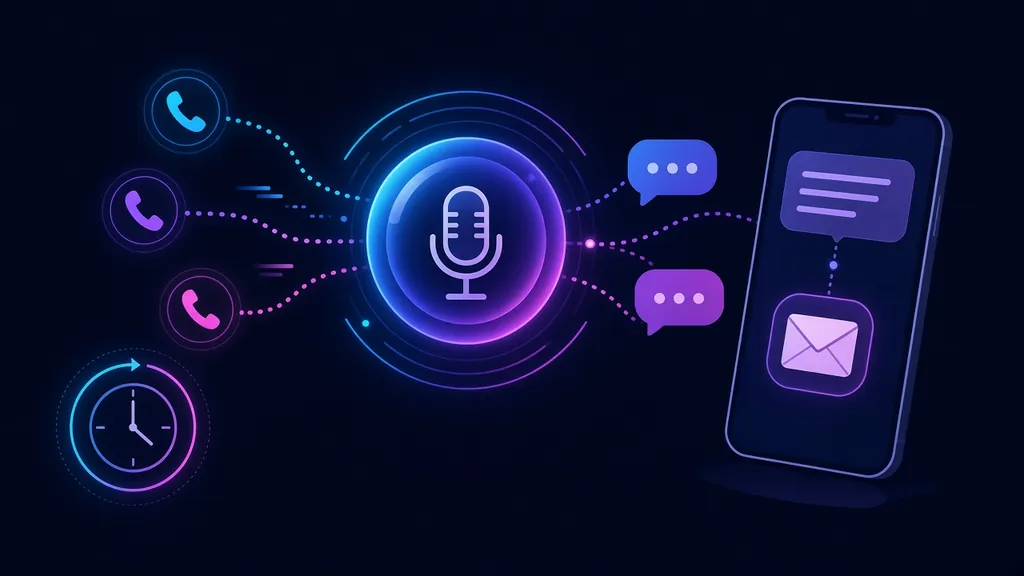 Illustration of an AI answering service catching every incoming call and sending message summaries by text and email