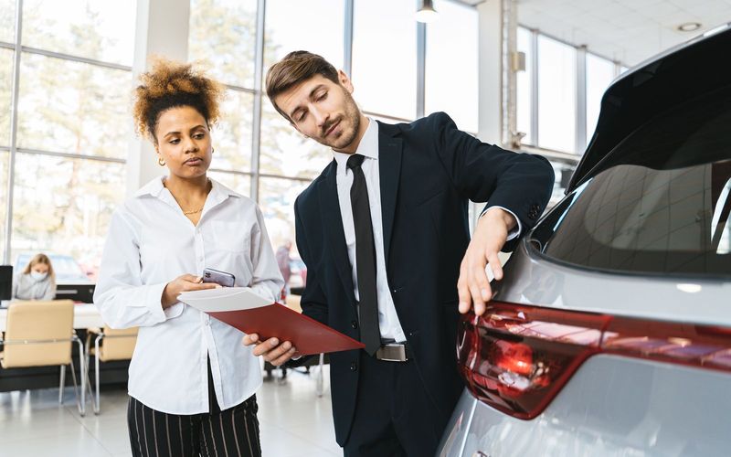 Businessman and customer discussing car purchase inside modern showroom
