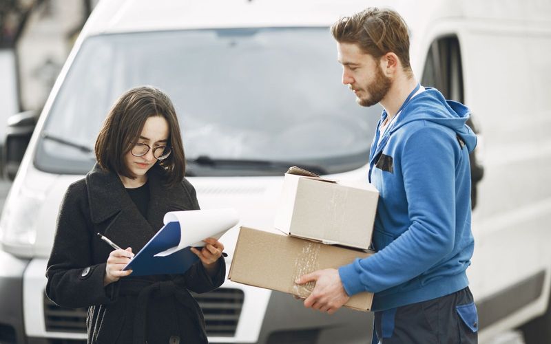 A courier in blue hands packages to a woman signing documents in front of a delivery van