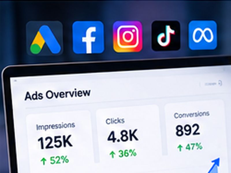 Ad performance dashboard with impressions, clicks and conversions