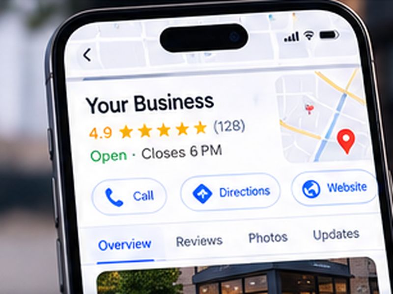 Google Maps business profile on a phone with call, directions and website buttons