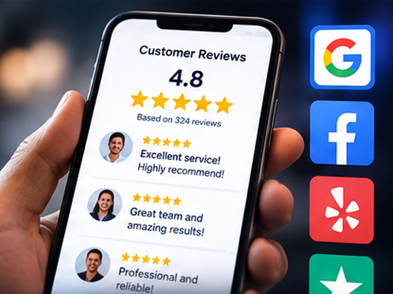 Phone showing five-star customer reviews next to review platform icons