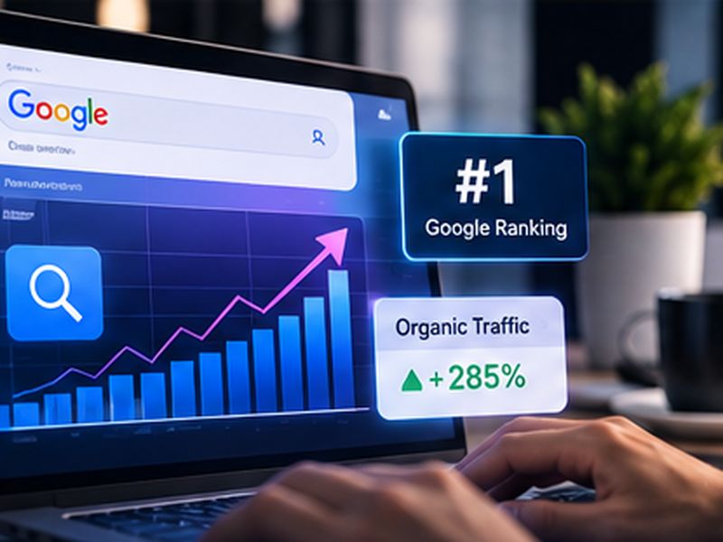 SEO dashboard on a laptop showing search ranking and traffic growth