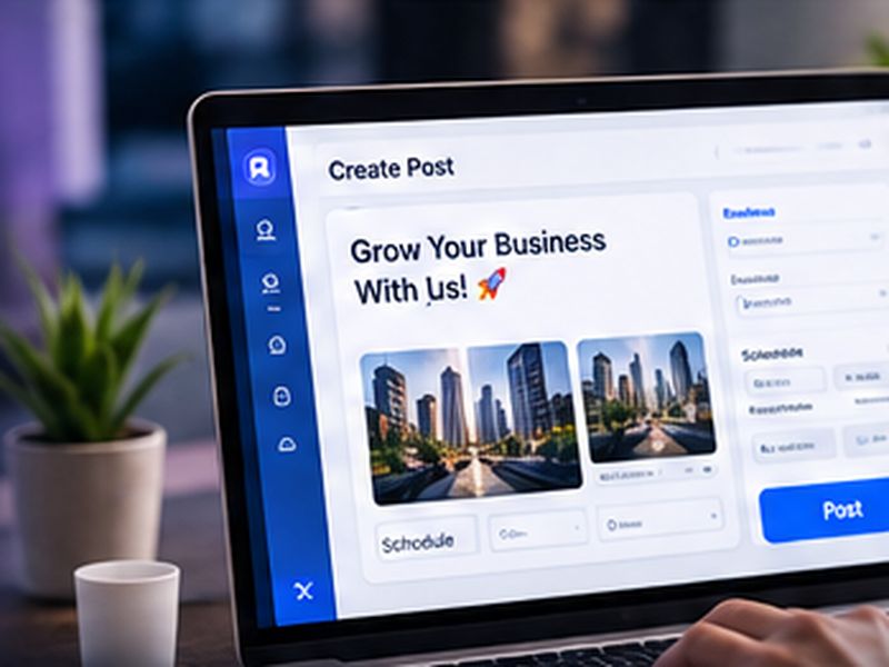 Social media post scheduler on a laptop with platform icons