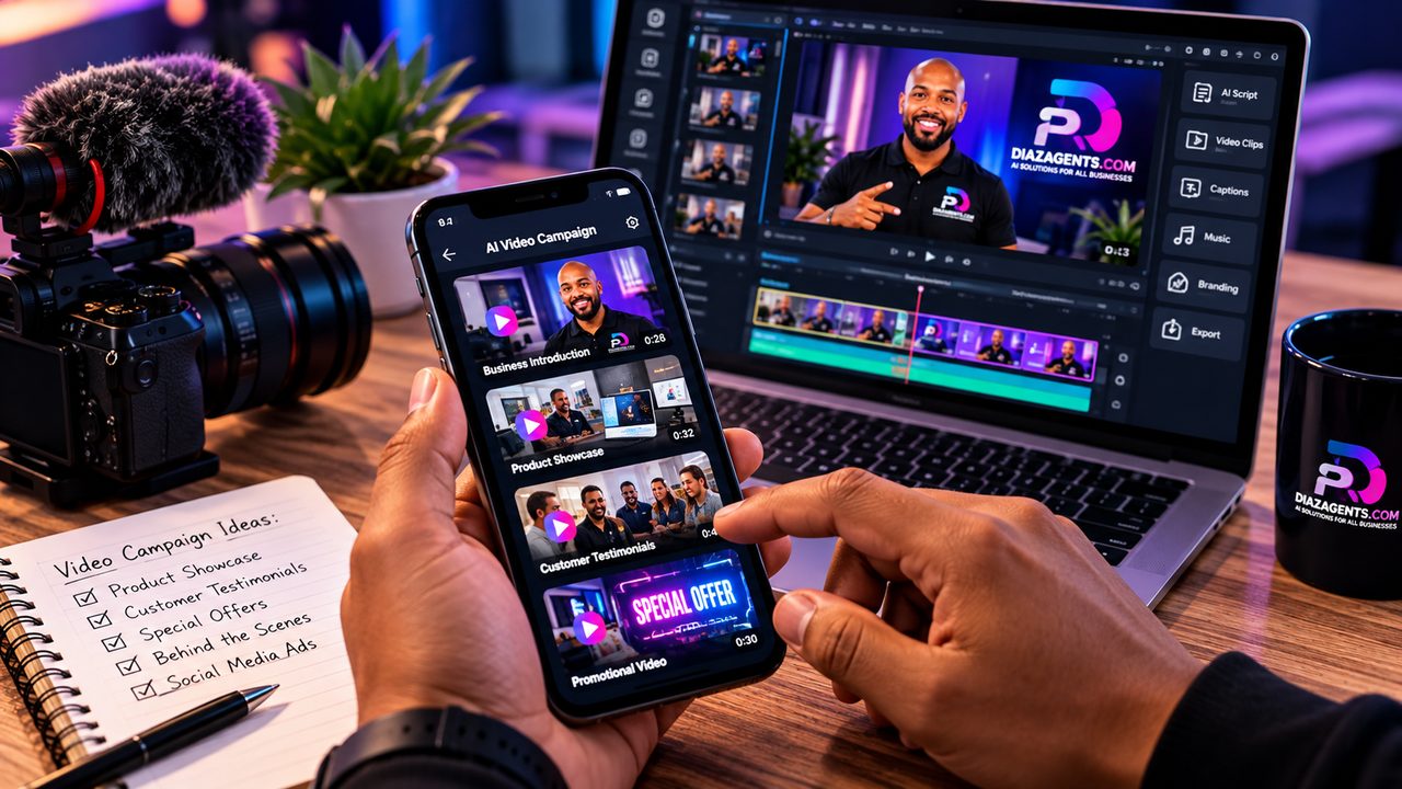 Hand holding a phone with an AI video campaign app, next to a laptop video editor, a camera and a Diaz Agents mug